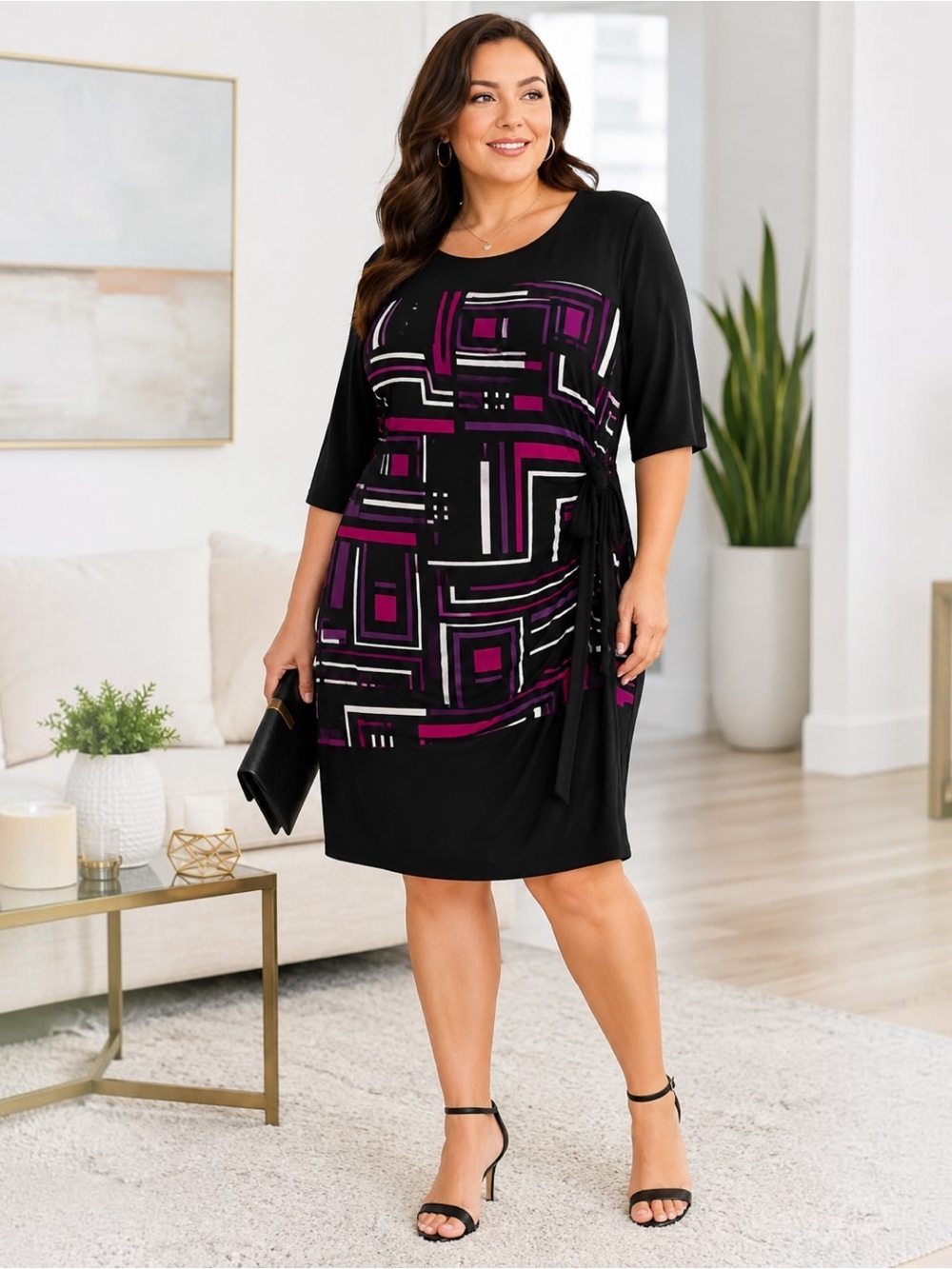 R&K Originals Plus Size 2X Geometric Side Tie Stretch Sheath Dress